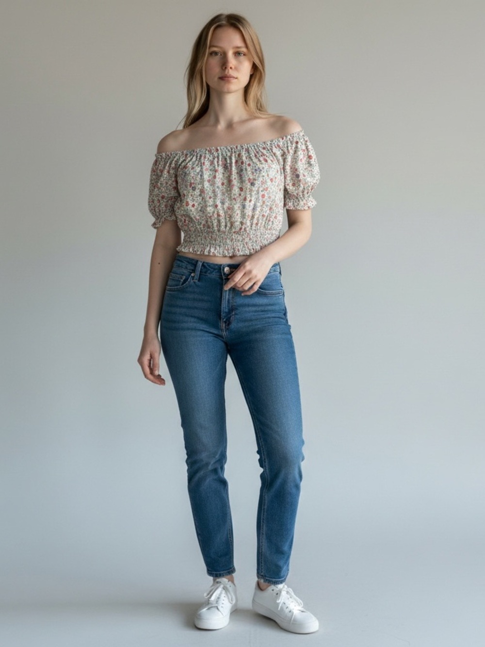 Floral Off-the-Shoulder Smocked Crop Top - Cream